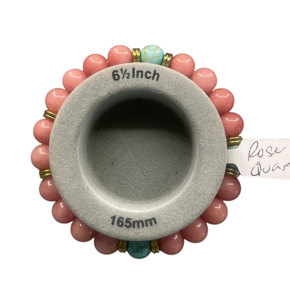 Rose Quartz gemstone bracelet set with Turquoise colored agate, Stretch - Picture 4 of 8